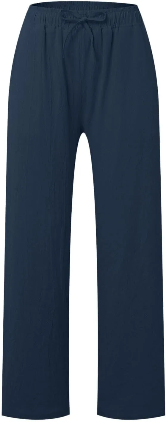 Women's Cotton Linen Summer Split Flowy Palazzo Pants Elastic Waisted Stretchy Straight Slim-Fit Palazzo Lounge