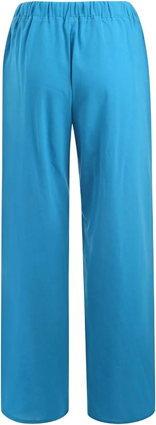 Womens Cotton Linen Summer Split Flowy Pants Elastic Waisted Long Lounge Plus Size Palazzo Lounge Pants Travel