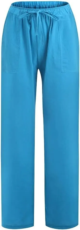 Womens Cotton Linen Summer Split Flowy Pants Elastic Waisted Long Lounge Plus Size Palazzo Lounge Pants Travel