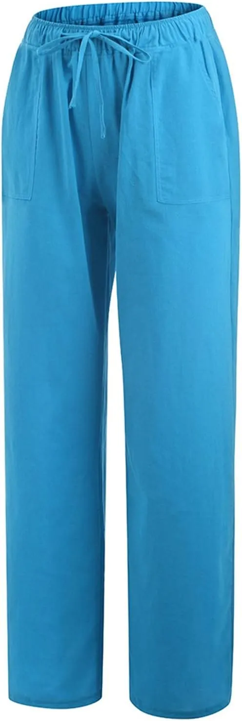 Womens Cotton Linen Summer Split Flowy Pants Elastic Waisted Long Lounge Plus Size Palazzo Lounge Pants Travel