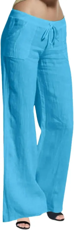 Womens Cotton Linen Summer Split Flowy Pants Elastic Waisted Long Lounge Plus Size Palazzo Lounge Pants Travel