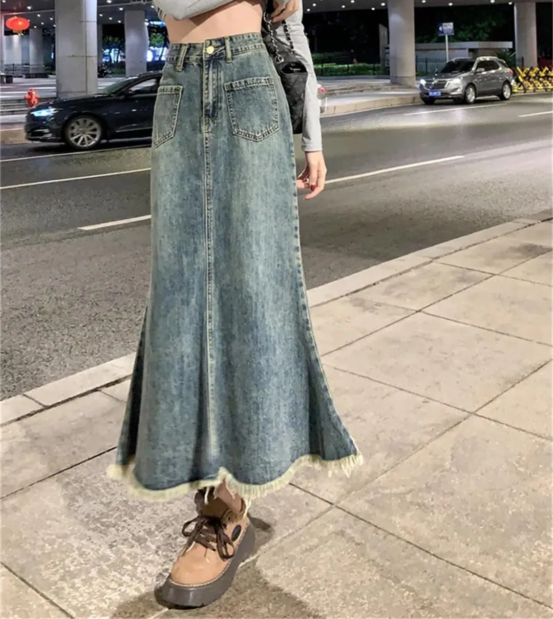 Women's Denim Skirt High Waisted Spring Summer A Line Skirt Long Women's Casual Denim Skirt