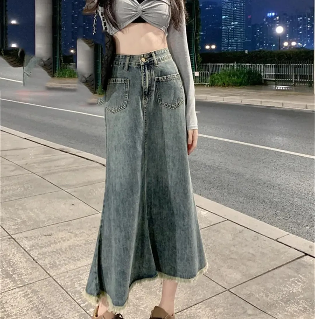 Women's Denim Skirt High Waisted Spring Summer A Line Skirt Long Women's Casual Denim Skirt