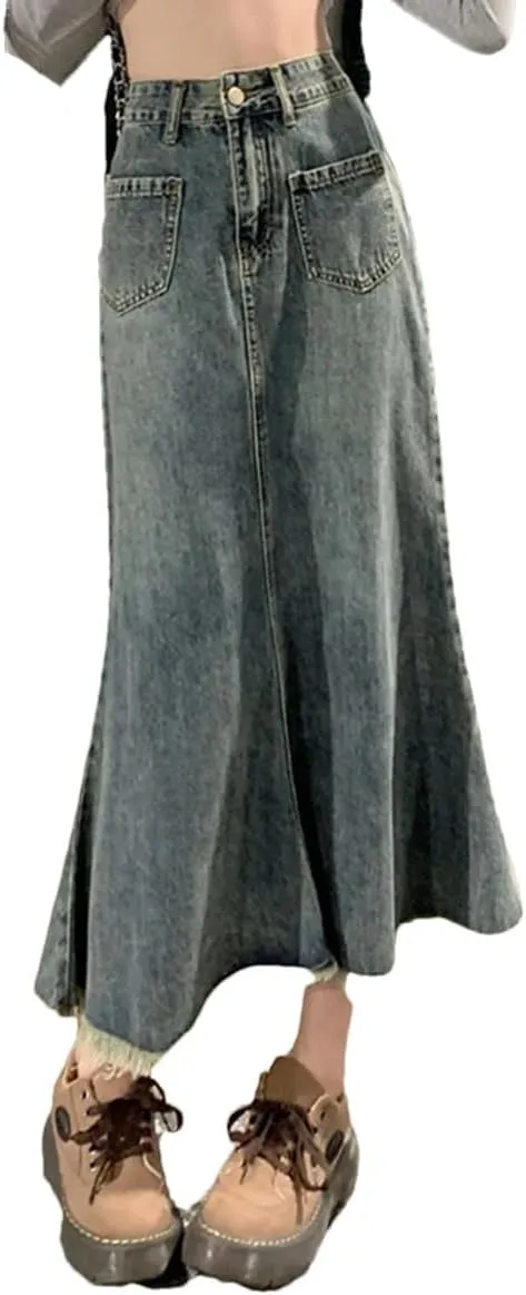 Women's Denim Skirt High Waisted Spring Summer A Line Skirt Long Women's Casual Denim Skirt