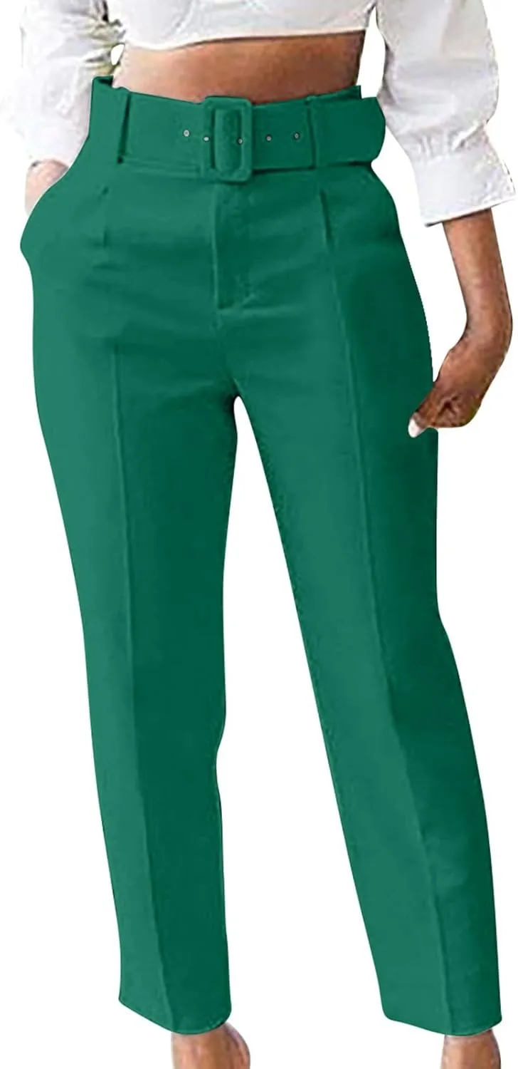 Women's Elegant High Waist Belted Pants Casual Pleated Straight Leg Trousers Office Suit Pants Trousers with Pockets