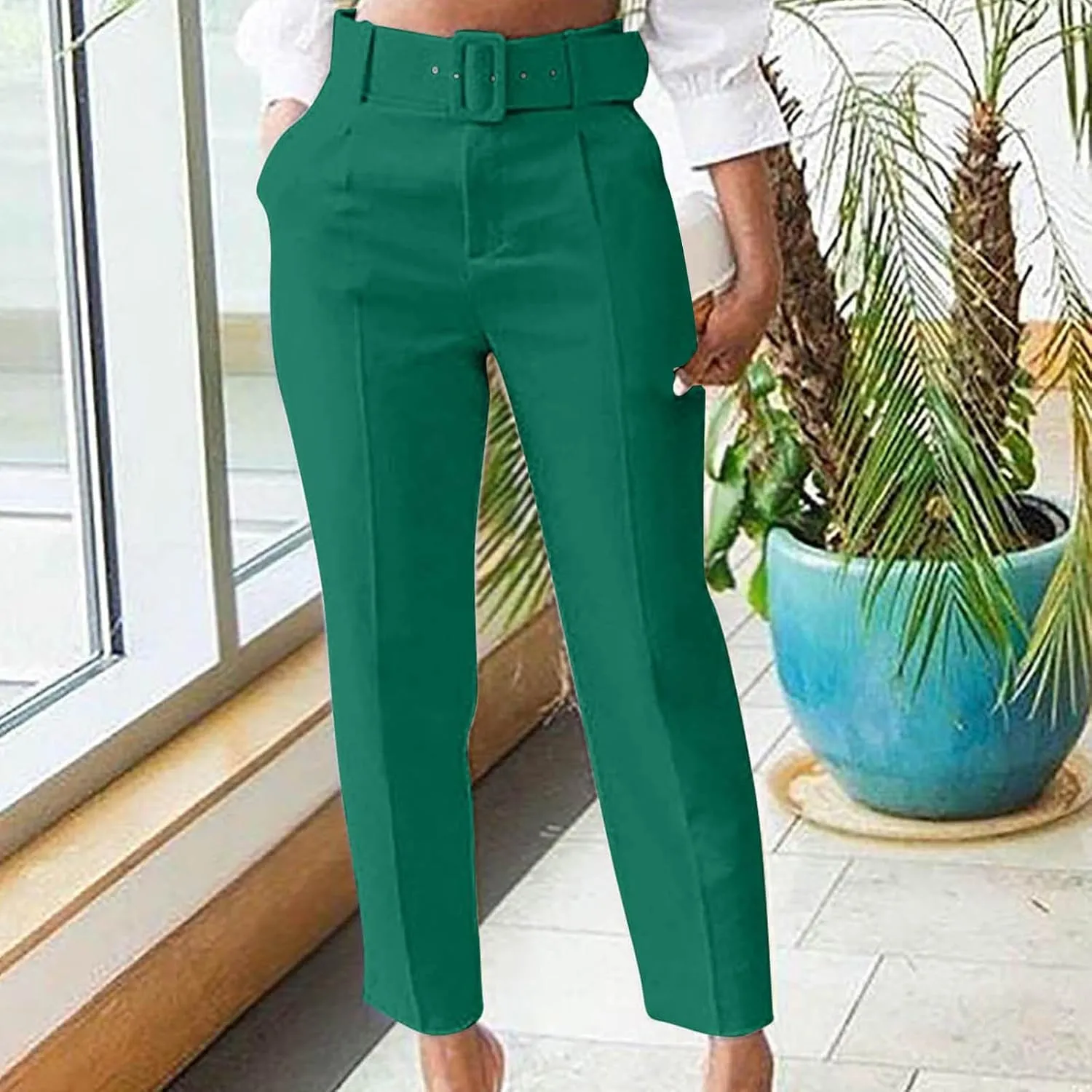 Women's Elegant High Waist Belted Pants Casual Pleated Straight Leg Trousers Office Suit Pants Trousers with Pockets