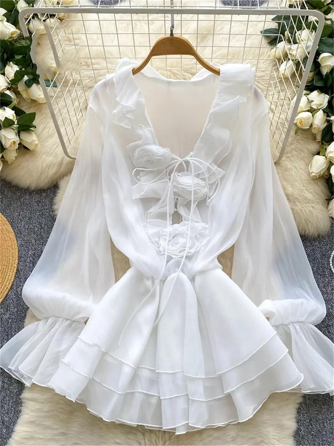 WomenS Floral Dress Long Sleeve V Neck Lace Up Ruffle Chiffon Bohemian Mini Dress