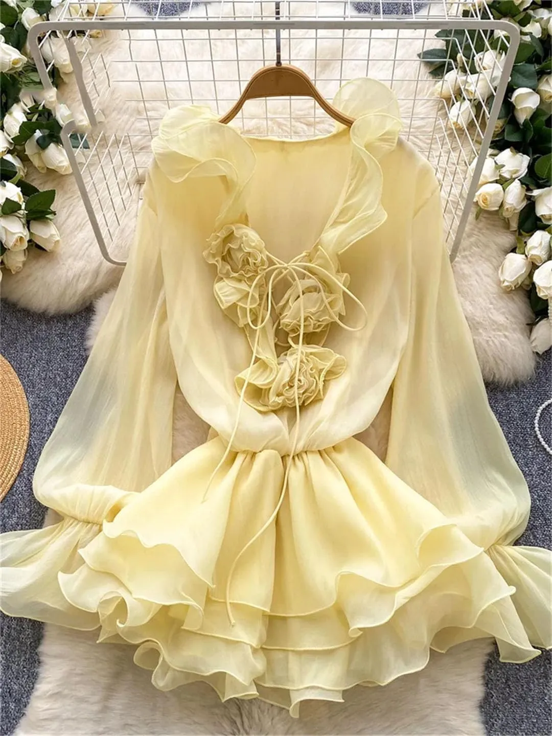 WomenS Floral Dress Long Sleeve V Neck Lace Up Ruffle Chiffon Bohemian Mini Dress
