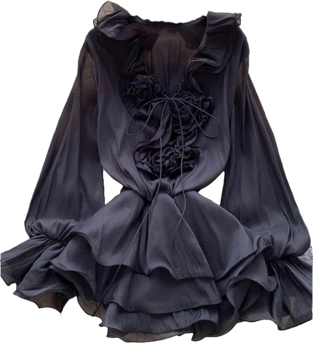WomenS Floral Dress Long Sleeve V Neck Lace Up Ruffle Chiffon Bohemian Mini Dress