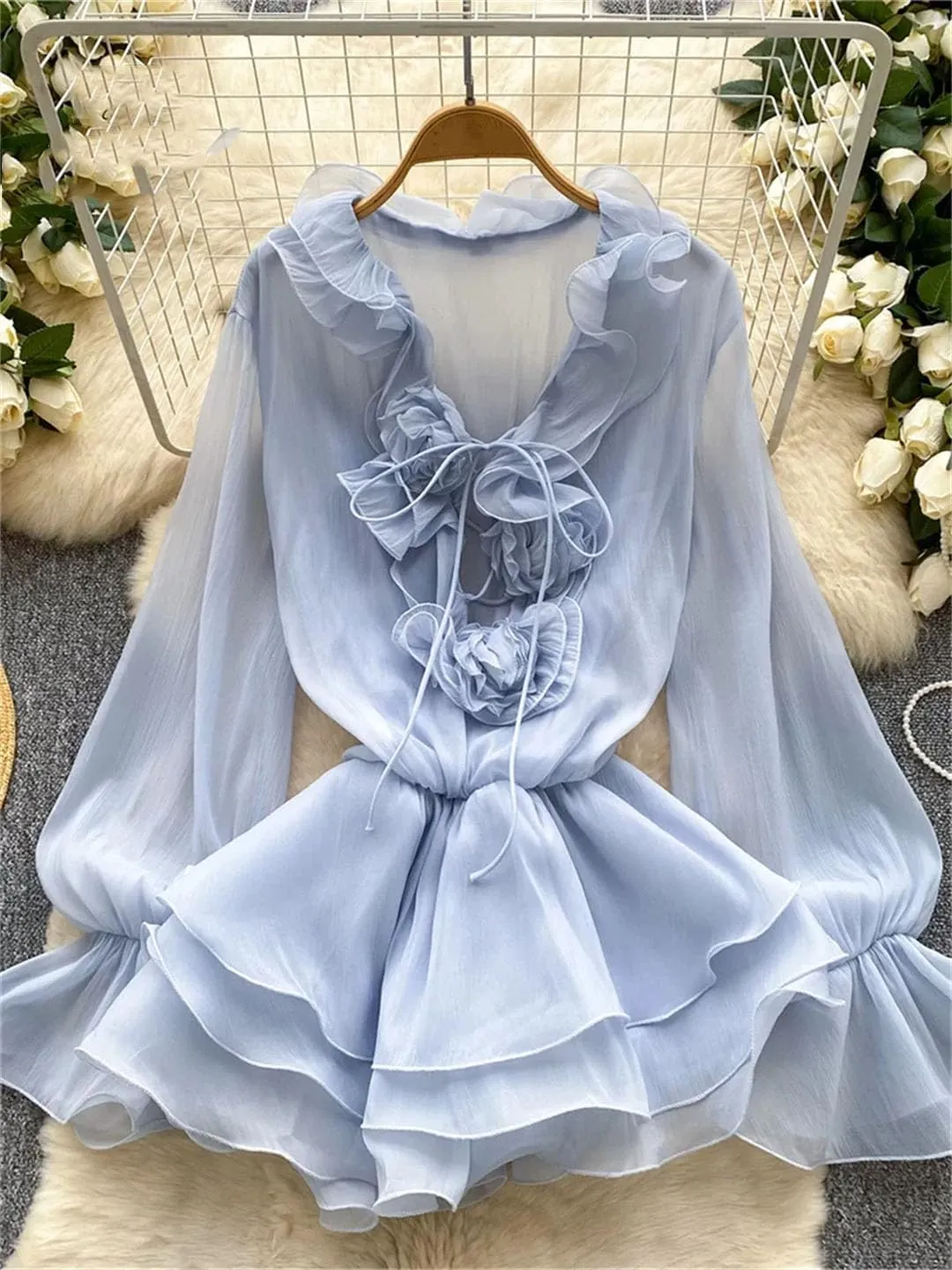 WomenS Floral Dress Long Sleeve V Neck Lace Up Ruffle Chiffon Bohemian Mini Dress