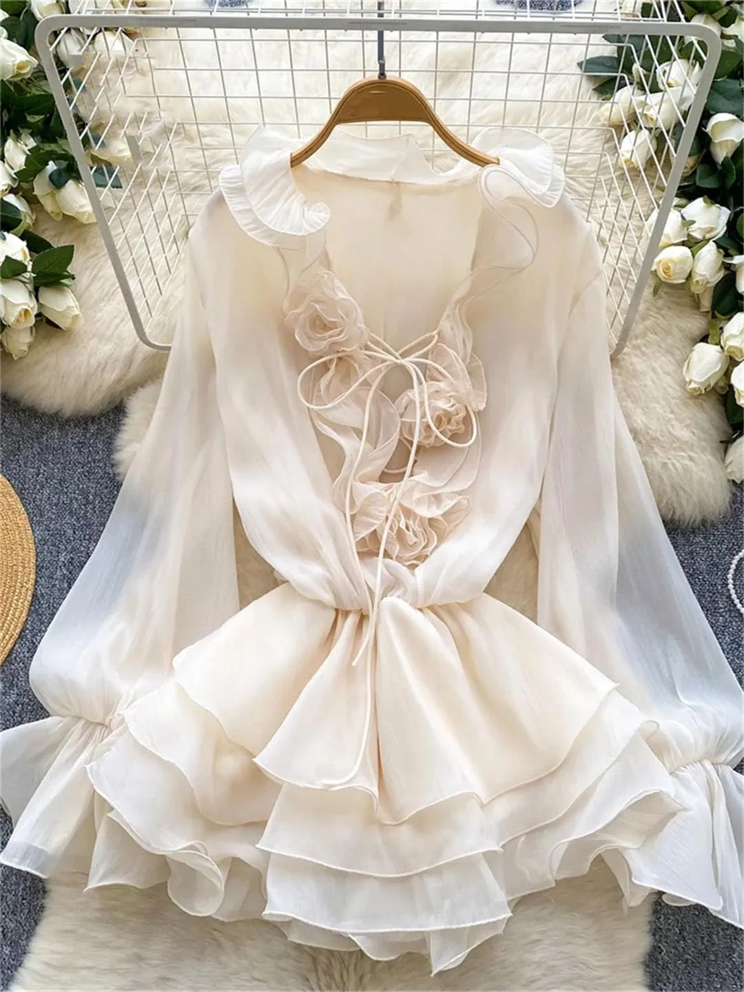 WomenS Floral Dress Long Sleeve V Neck Lace Up Ruffle Chiffon Bohemian Mini Dress