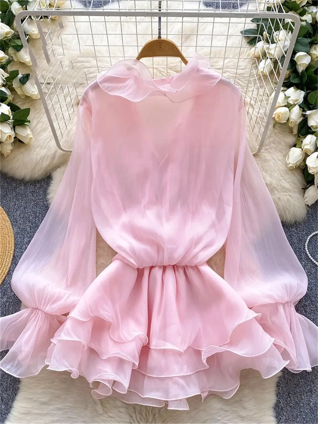 WomenS Floral Dress Long Sleeve V Neck Lace Up Ruffle Chiffon Bohemian Mini Dress