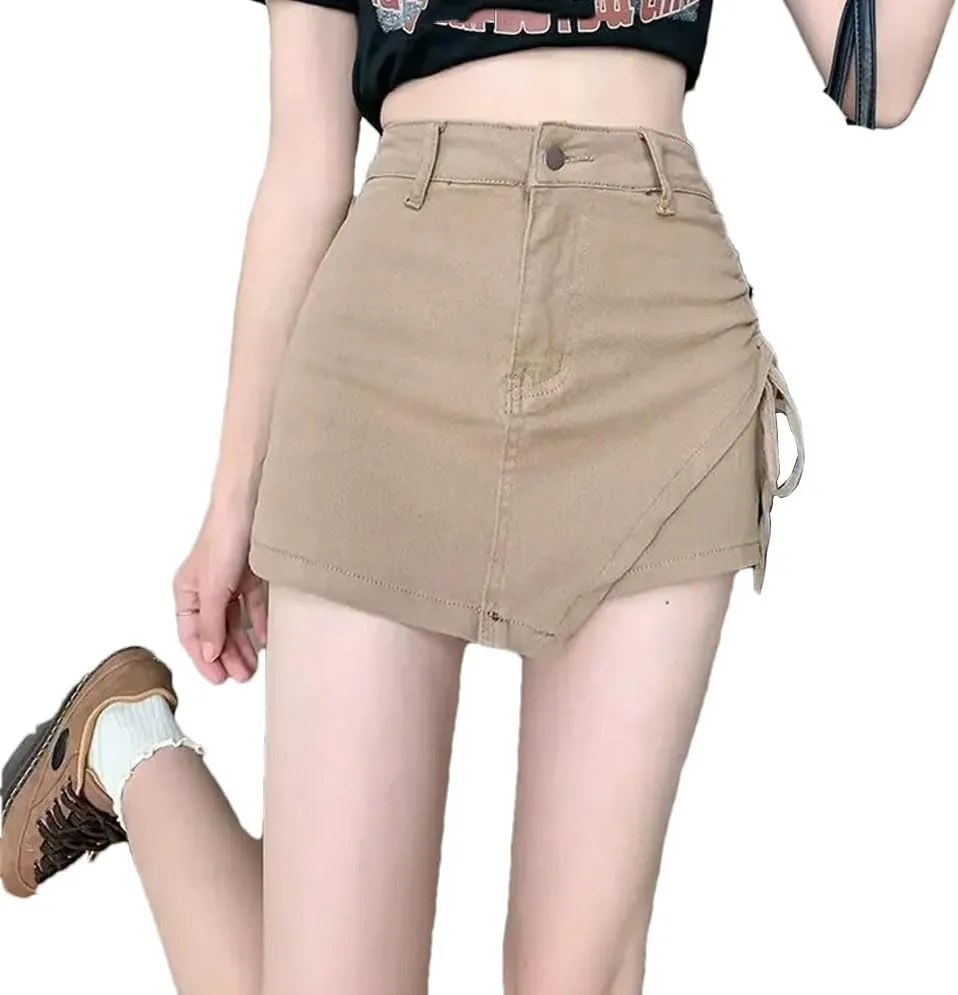 Women's High Waisted A-Line Jeans Skirt Asymmetrical Hem Lace-Up Shorts Style Mini Skirt