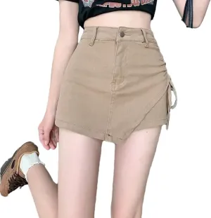 Women's High Waisted A-Line Jeans Skirt Asymmetrical Hem Lace-Up Shorts Style Mini Skirt
