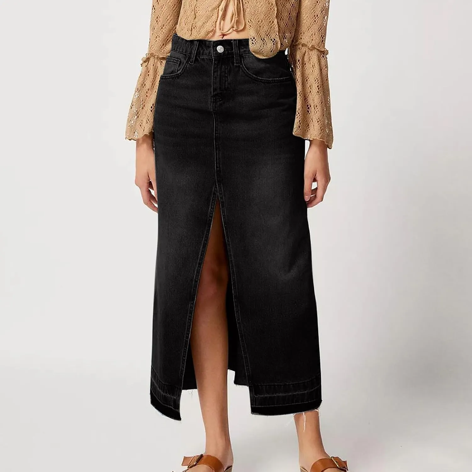 Women's High Waisted Denim Skirt Button Fly Split Hem Thigh Maxi Skirts Elegant Midi A Line Bodycon Denim Jean Skirt