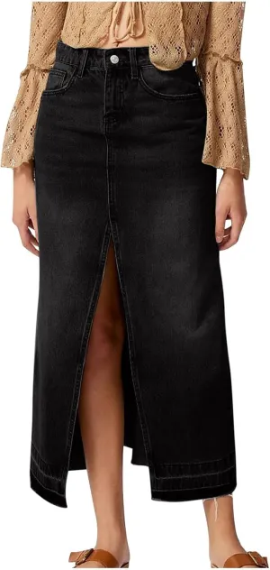 Women's High Waisted Denim Skirt Button Fly Split Hem Thigh Maxi Skirts Elegant Midi A Line Bodycon Denim Jean Skirt