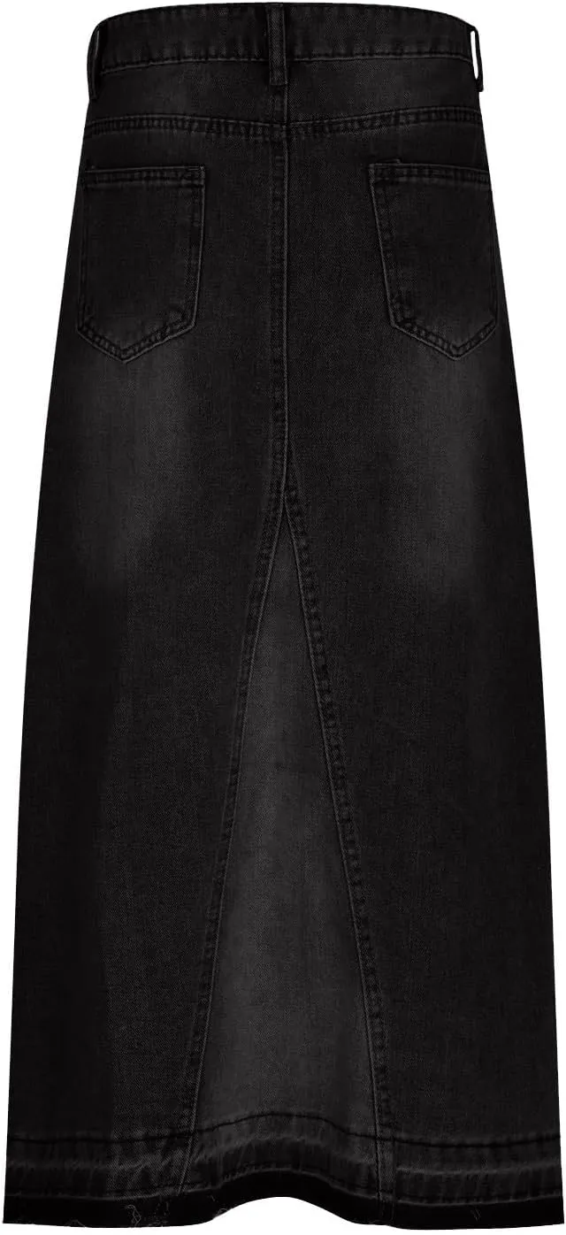 Women's High Waisted Denim Skirt Button Fly Split Hem Thigh Maxi Skirts Elegant Midi A Line Bodycon Denim Jean Skirt