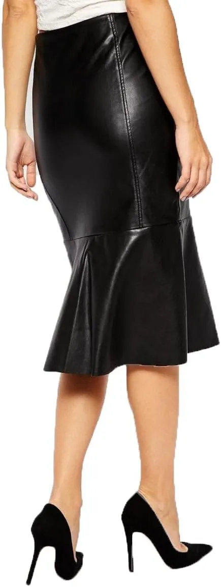 Women's Leather Skirt Genuine Soft Lambskin Leather Below-Knee Skirt RK009