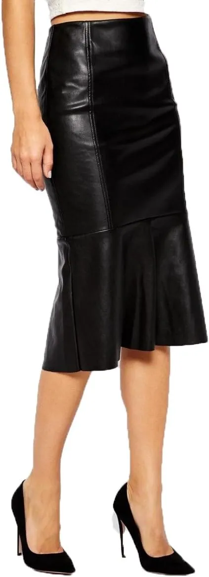 Women's Leather Skirt Genuine Soft Lambskin Leather Below-Knee Skirt RK009