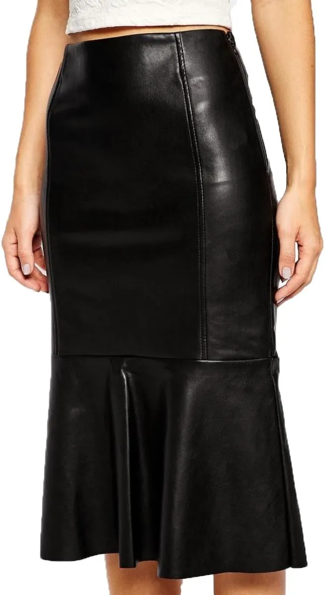 Women's Leather Skirt Genuine Soft Lambskin Leather Below-Knee Skirt RK009