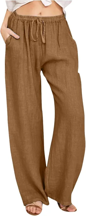 Women's Linen Blend Summer Print Pant Trousers Elastic Waist Wide Leg Slim-Fit Palazzo Lounge Pants Travel