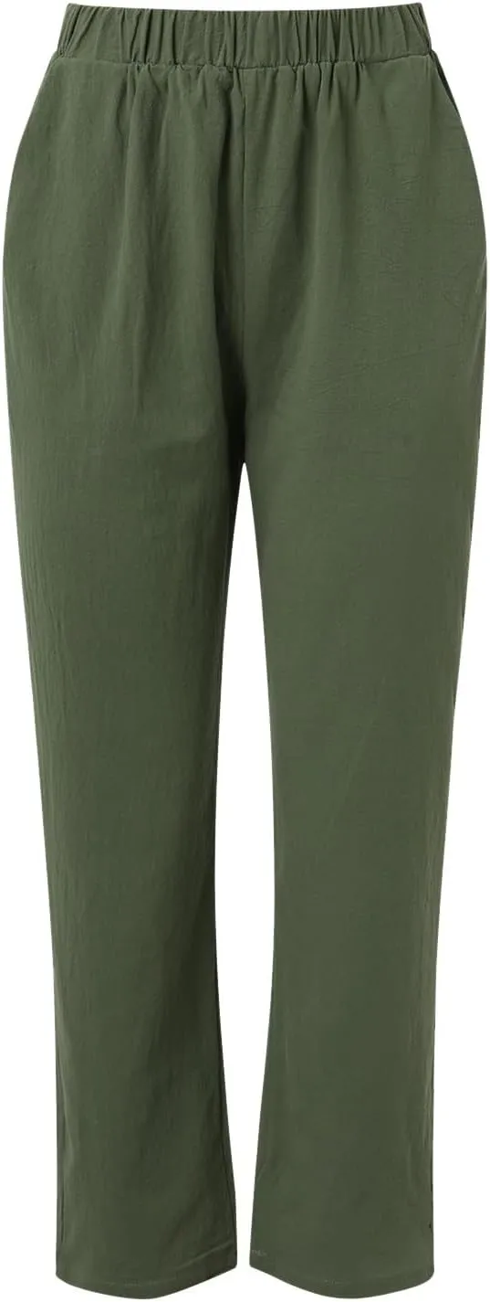 Women's Linen Summer Floral Pant Trousers Elastic Waist Wide Leg Slim-Fit Palazzo Pants Work Business