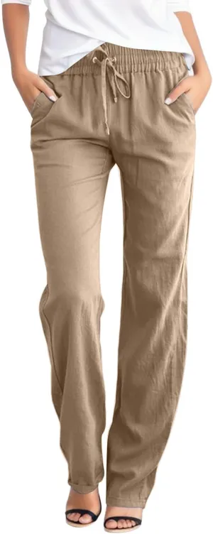 Women's Linen Summer Print Palazzo Pants Low Waist Long Lounge Slim-Fit Pant Trousers Office
