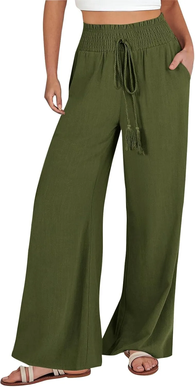 Womens Linen Summer Split Flowy Palazzo Lounge Pants Elastic Waist Bootcut Loose Fit Palazzo Pants Work Business