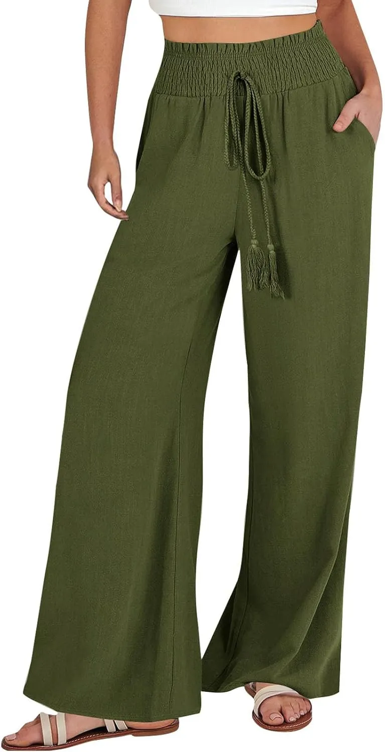 Womens Linen Summer Split Flowy Palazzo Lounge Pants Elastic Waist Bootcut Loose Fit Palazzo Pants Work Business