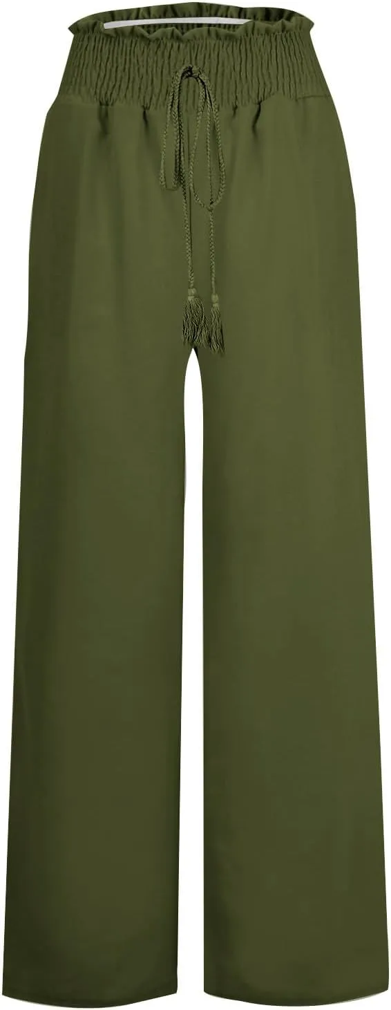 Womens Linen Summer Split Flowy Palazzo Lounge Pants Elastic Waist Bootcut Loose Fit Palazzo Pants Work Business