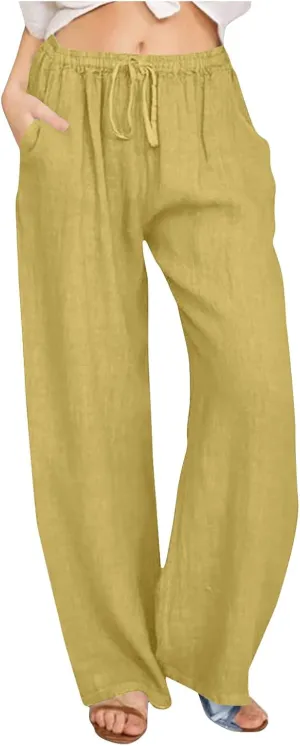Women's Lounge Pants Linen Summer Palazzo Pants Flowy Wide Leg Pants Loose Casual Beach Pants with Pockets Trousers
