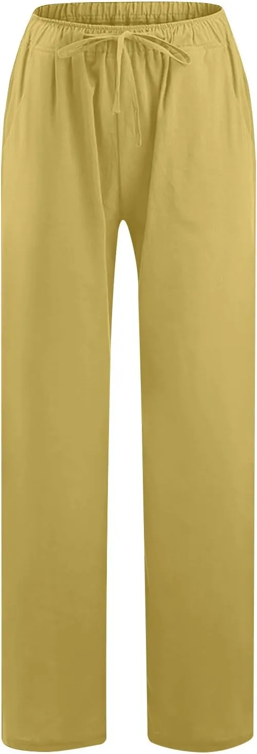 Women's Lounge Pants Linen Summer Palazzo Pants Flowy Wide Leg Pants Loose Casual Beach Pants with Pockets Trousers