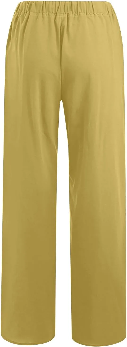 Women's Lounge Pants Linen Summer Palazzo Pants Flowy Wide Leg Pants Loose Casual Beach Pants with Pockets Trousers