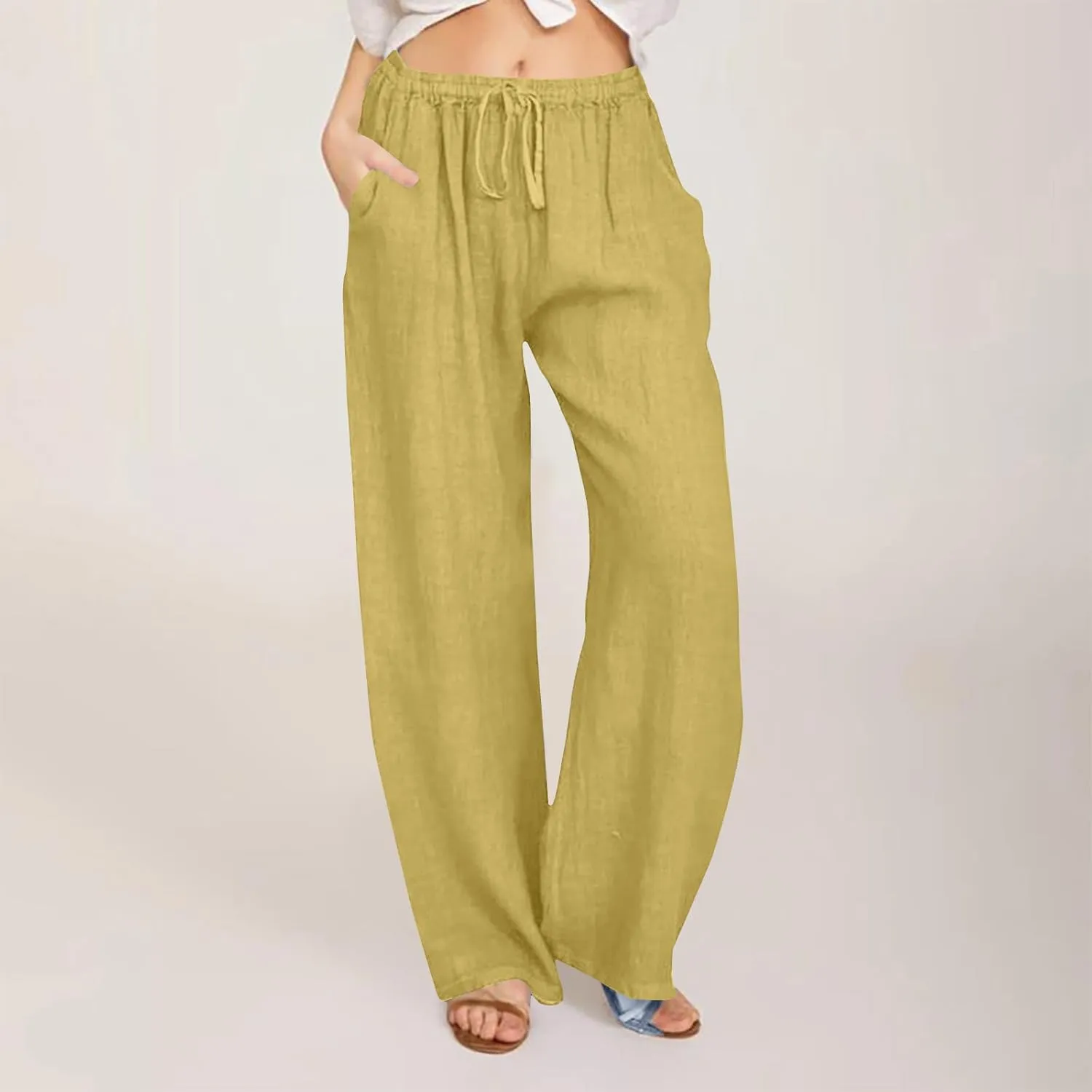 Women's Lounge Pants Linen Summer Palazzo Pants Flowy Wide Leg Pants Loose Casual Beach Pants with Pockets Trousers