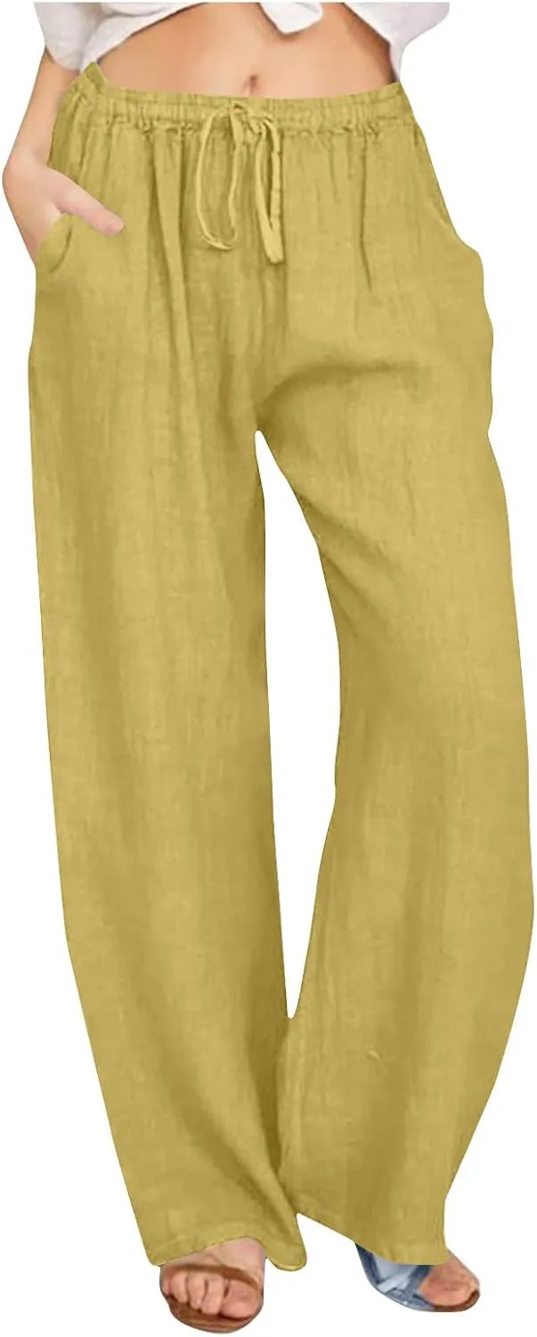 Women's Lounge Pants Linen Summer Palazzo Pants Flowy Wide Leg Pants Loose Casual Beach Pants with Pockets Trousers