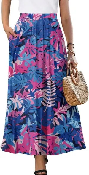 Women's Maxi Skirts Summer Bohemian High Waist Flowy Ruffle Long Skirts with Pockets for Holiday Travel Size S-2XL