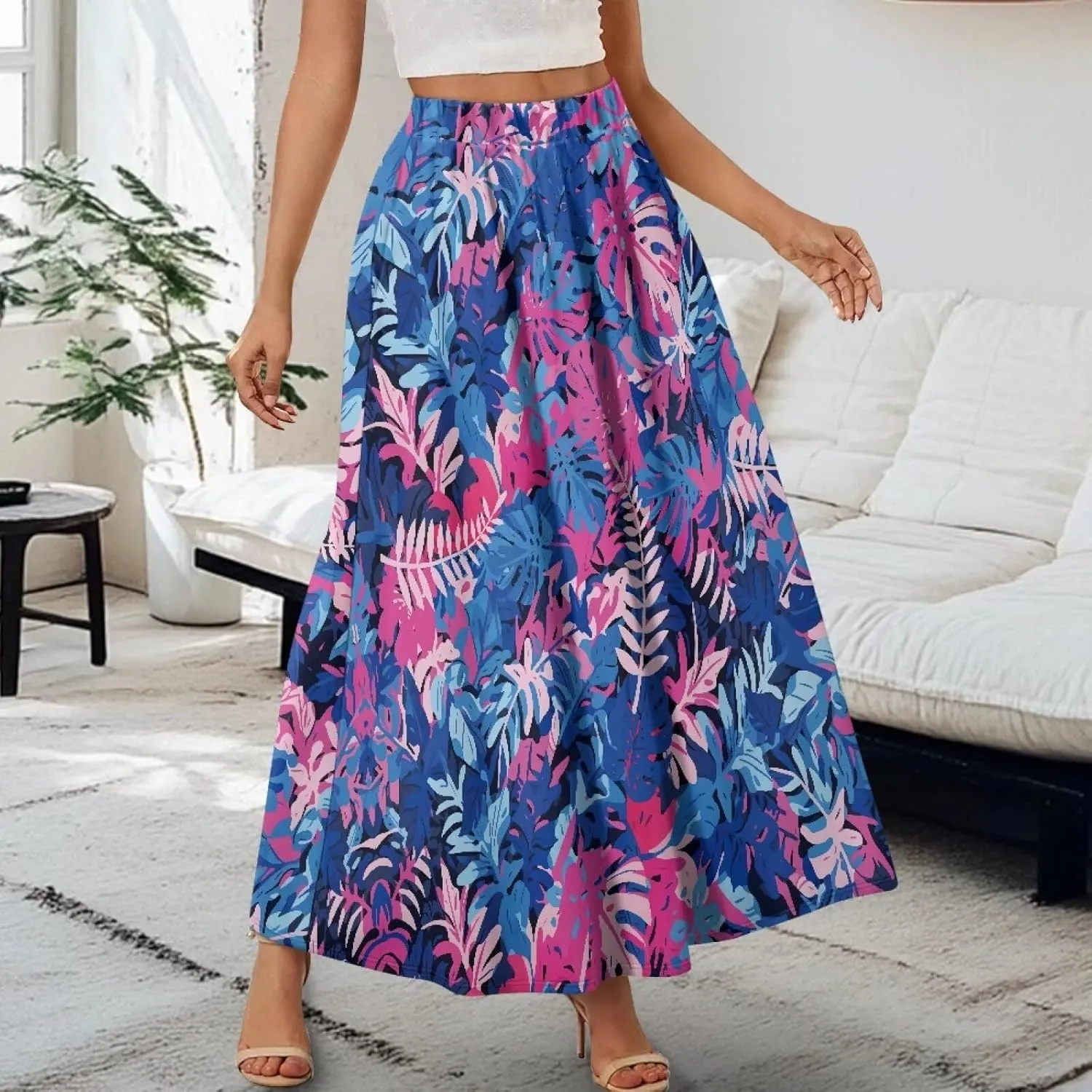 Women's Maxi Skirts Summer Bohemian High Waist Flowy Ruffle Long Skirts with Pockets for Holiday Travel Size S-2XL