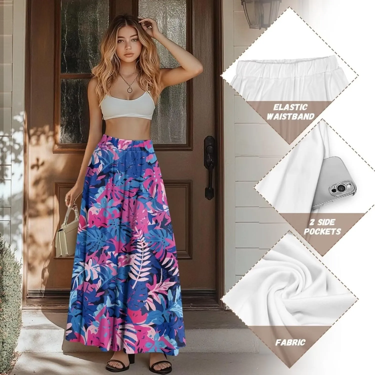 Women's Maxi Skirts Summer Bohemian High Waist Flowy Ruffle Long Skirts with Pockets for Holiday Travel Size S-2XL