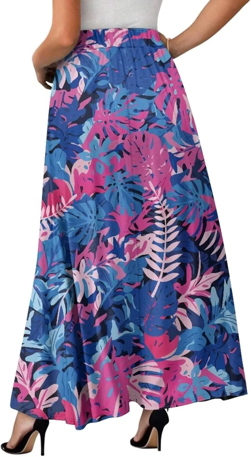 Women's Maxi Skirts Summer Bohemian High Waist Flowy Ruffle Long Skirts with Pockets for Holiday Travel Size S-2XL