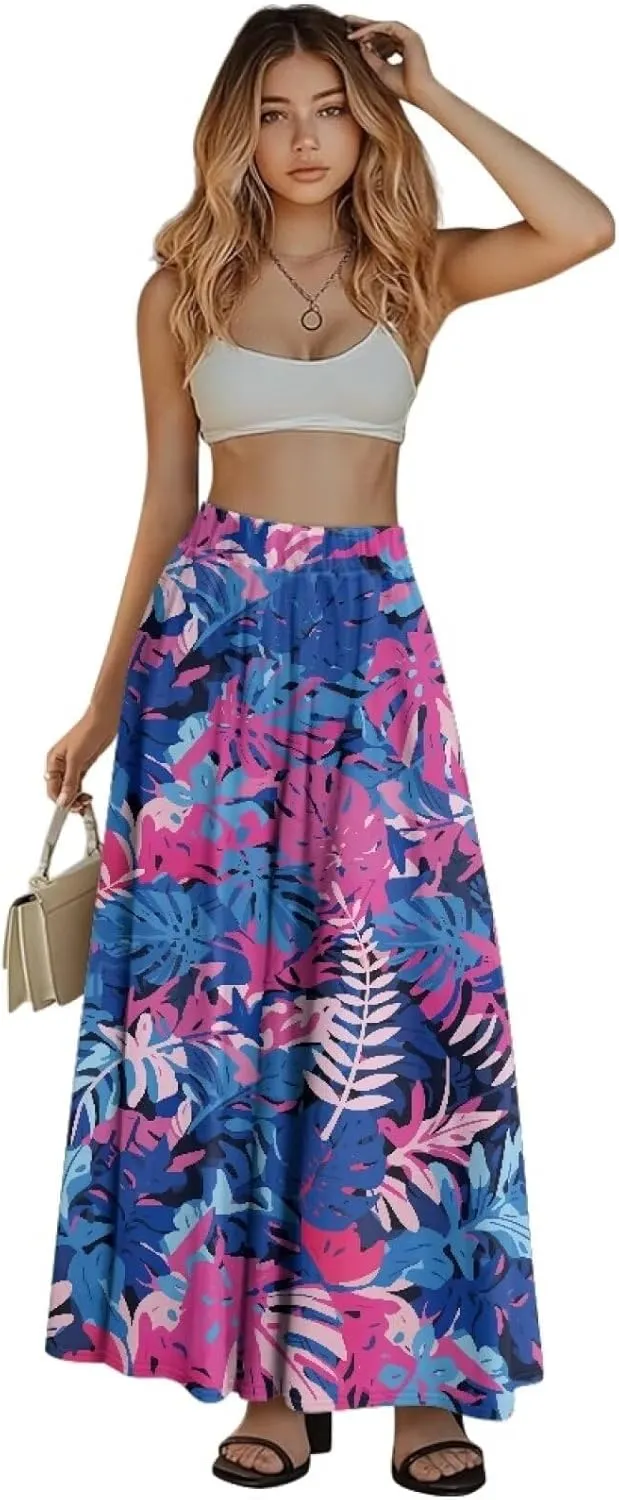 Women's Maxi Skirts Summer Bohemian High Waist Flowy Ruffle Long Skirts with Pockets for Holiday Travel Size S-2XL