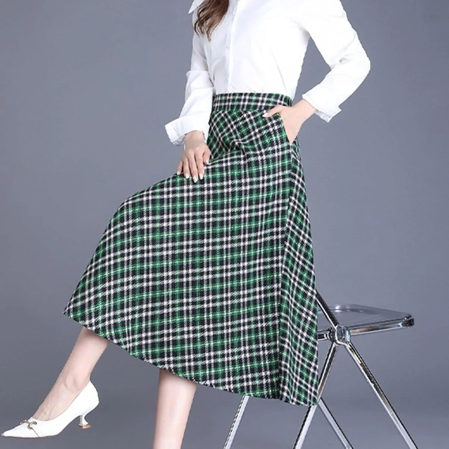 Women's Plaid Tweed Midi Skirt with Pockets Casual Vintage High Waist A-Line Pleated Fall Skirt