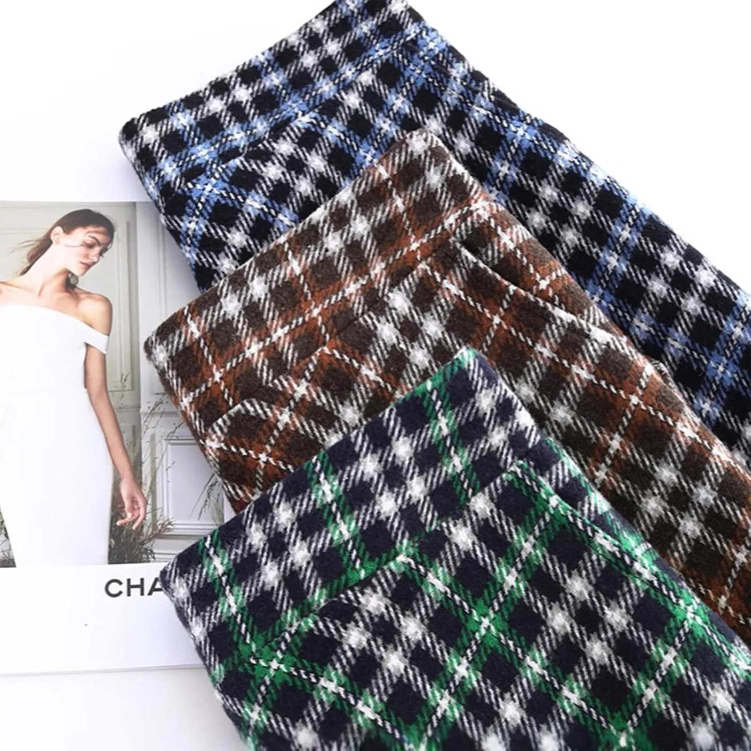 Women's Plaid Tweed Midi Skirt with Pockets Casual Vintage High Waist A-Line Pleated Fall Skirt