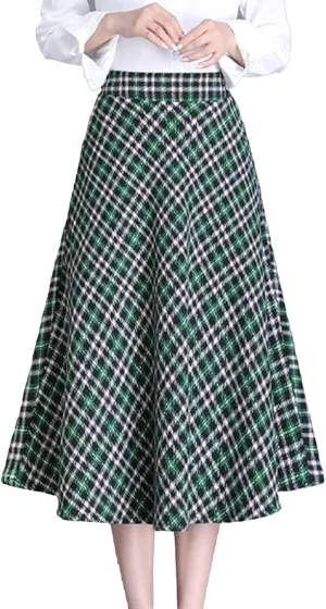 Women's Plaid Tweed Midi Skirt with Pockets Casual Vintage High Waist A-Line Pleated Fall Skirt