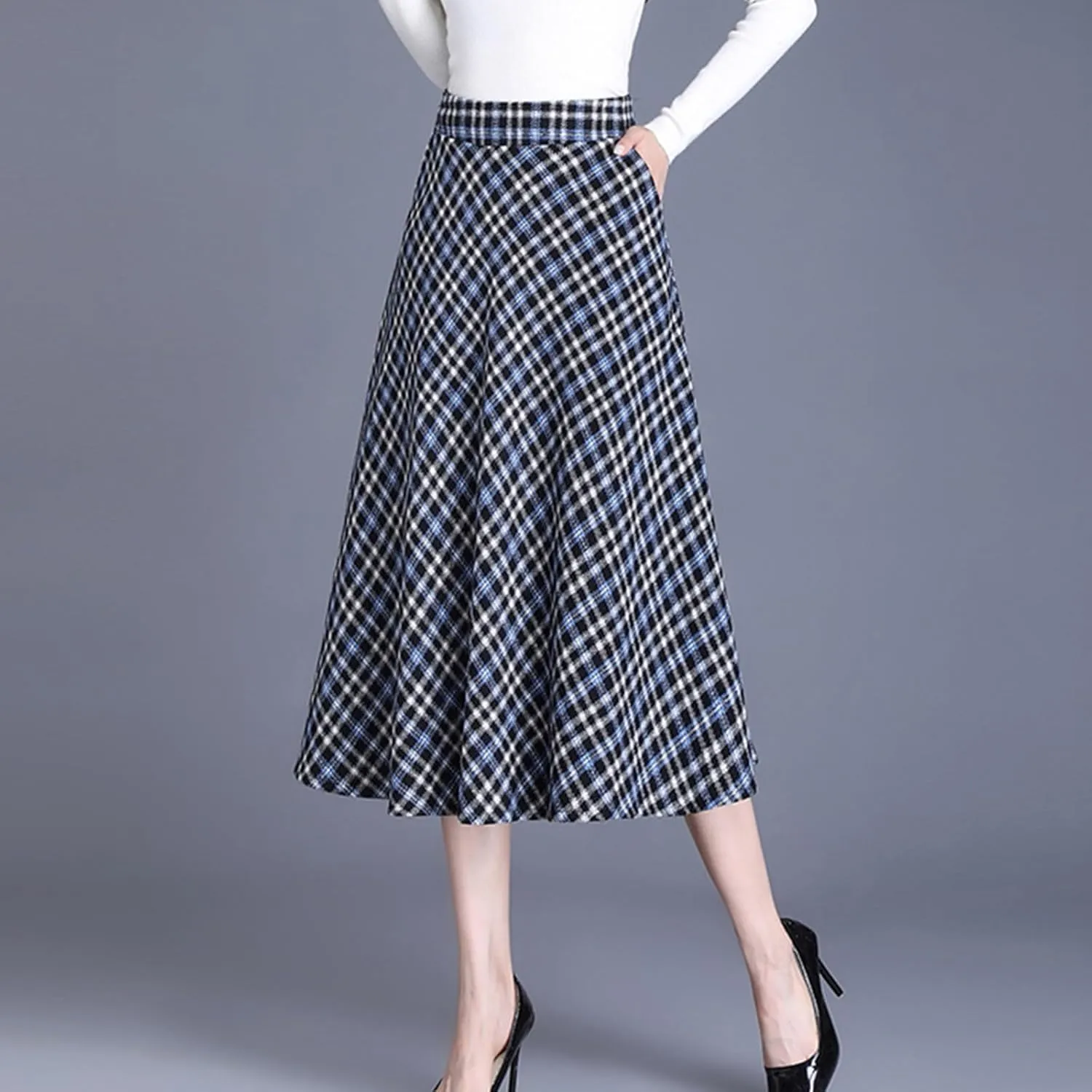 Women's Plaid Tweed Midi Skirt with Pockets Casual Vintage High Waist A-Line Pleated Fall Skirt