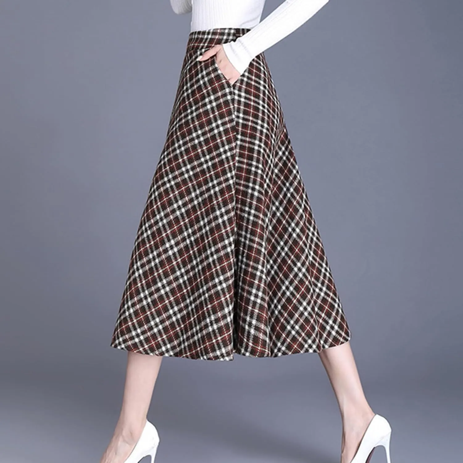 Women's Plaid Tweed Midi Skirt with Pockets Casual Vintage High Waist A-Line Pleated Fall Skirt