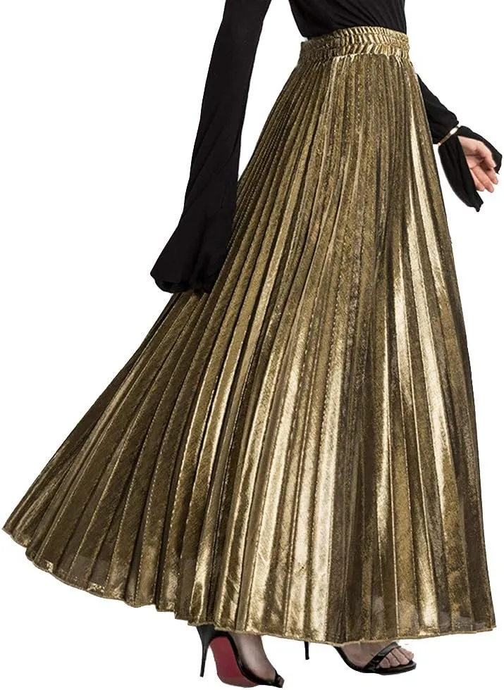 Women's Premium Gold Shiny Shimmer Accordion Pleated Long Maxi Skirt