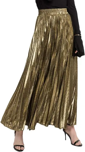 Women's Premium Gold Shiny Shimmer Accordion Pleated Long Maxi Skirt