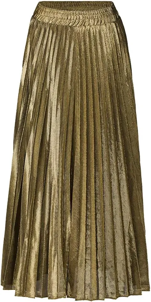 Women's Premium Gold Shiny Shimmer Accordion Pleated Long Maxi Skirt