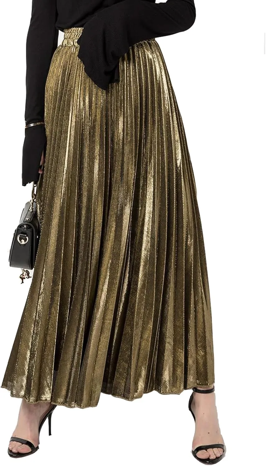 Women's Premium Gold Shiny Shimmer Accordion Pleated Long Maxi Skirt