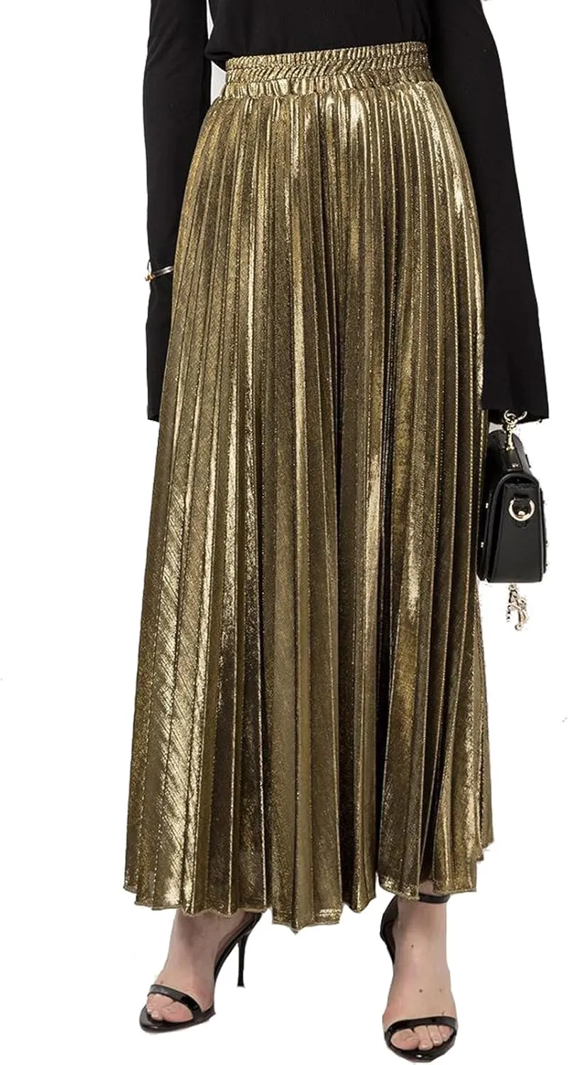 Women's Premium Gold Shiny Shimmer Accordion Pleated Long Maxi Skirt